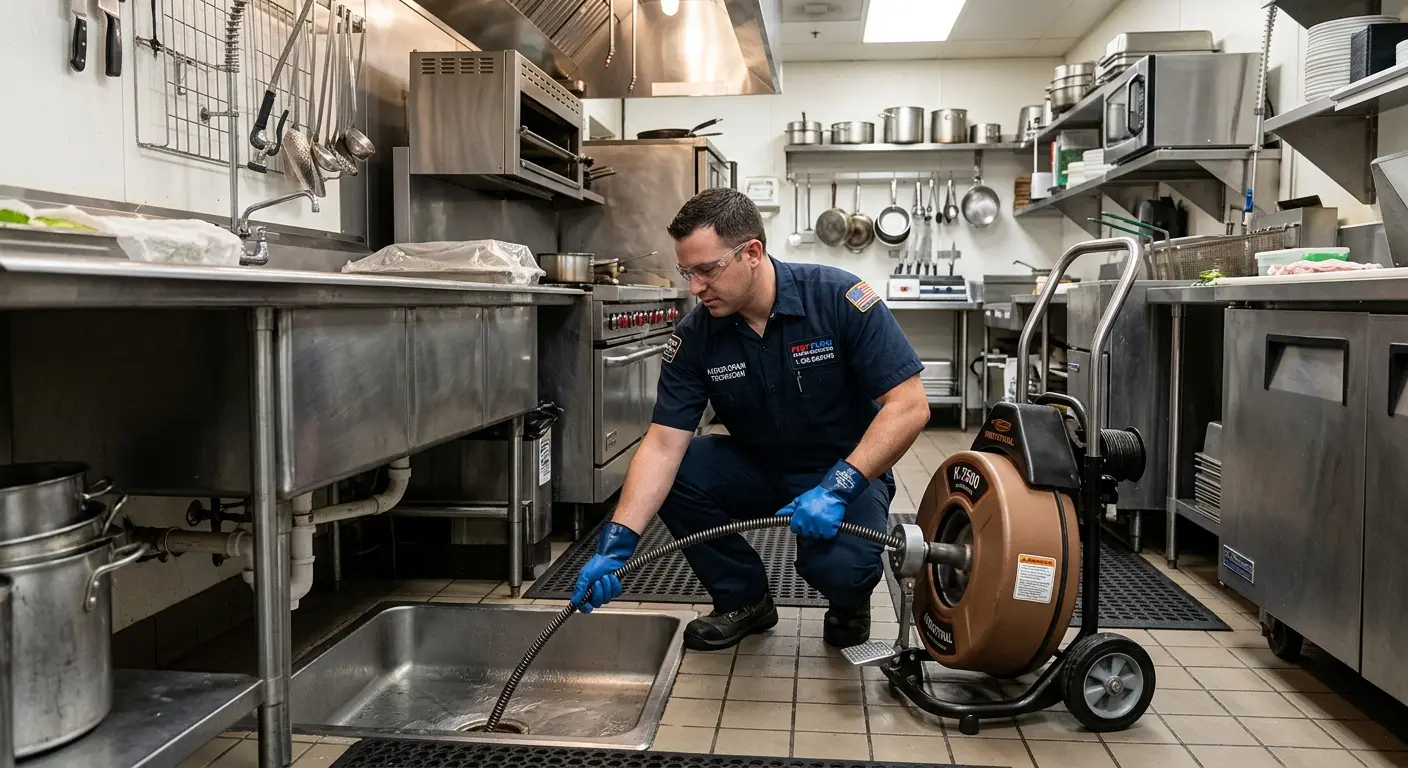 Commercial drain cleaning service in a restaurant kitchen in Batavia