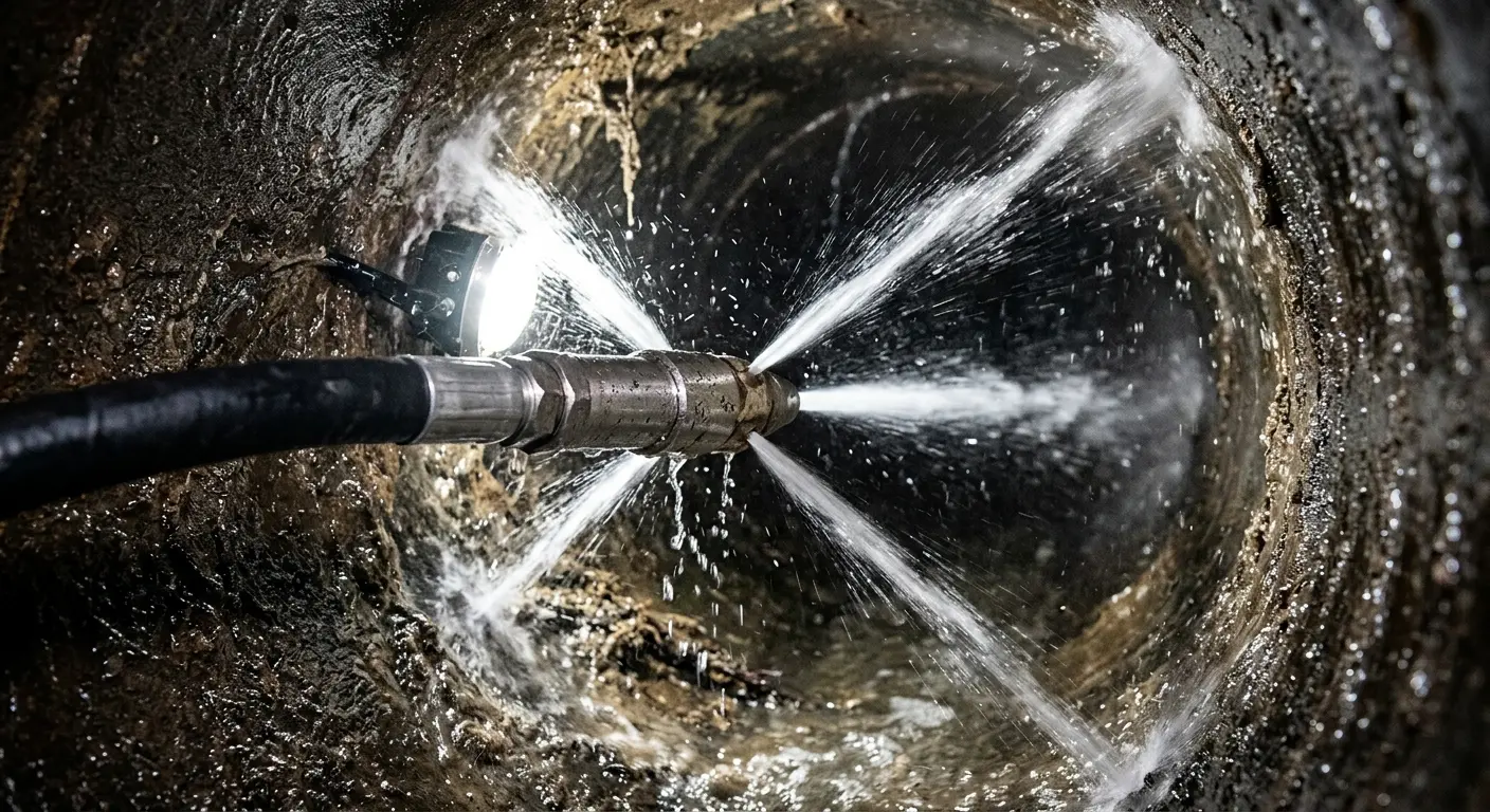 High-pressure hydro jetting nozzle cleaning sewer pipe for Sewer Cleanout in Batavia