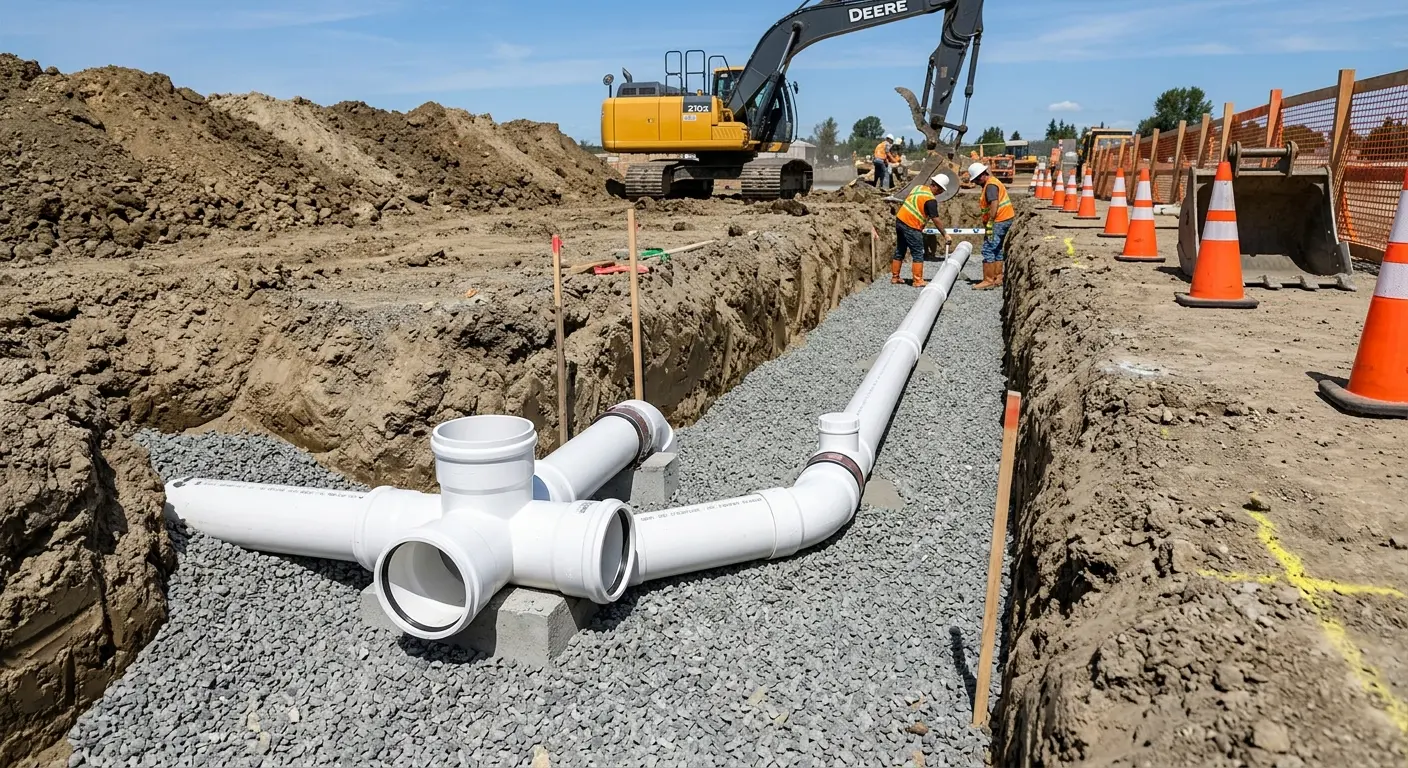 New PVC sewer pipe installation in open trench for Sewer Backup in Batavia