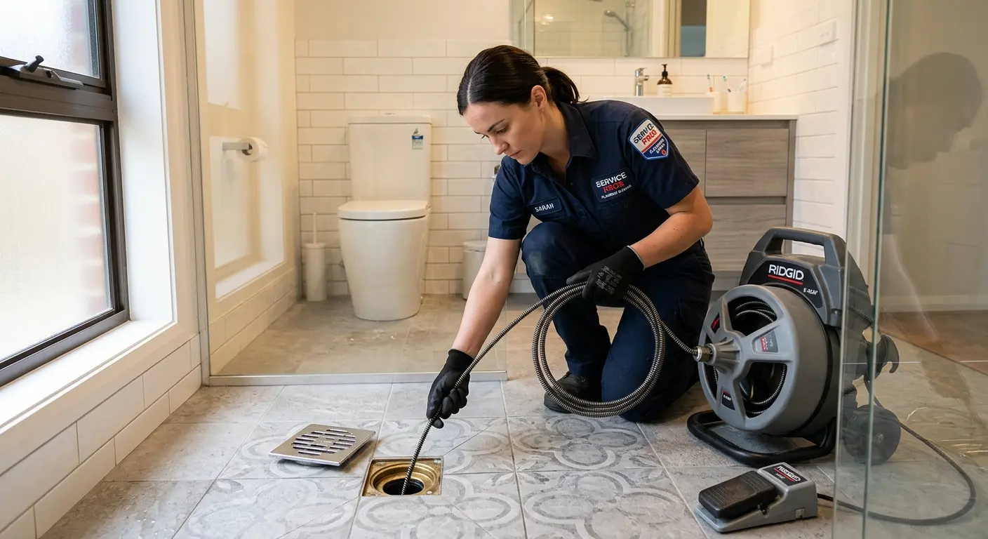 Technician clearing a bathroom floor drain for Sewer Line Replacement in Batavia